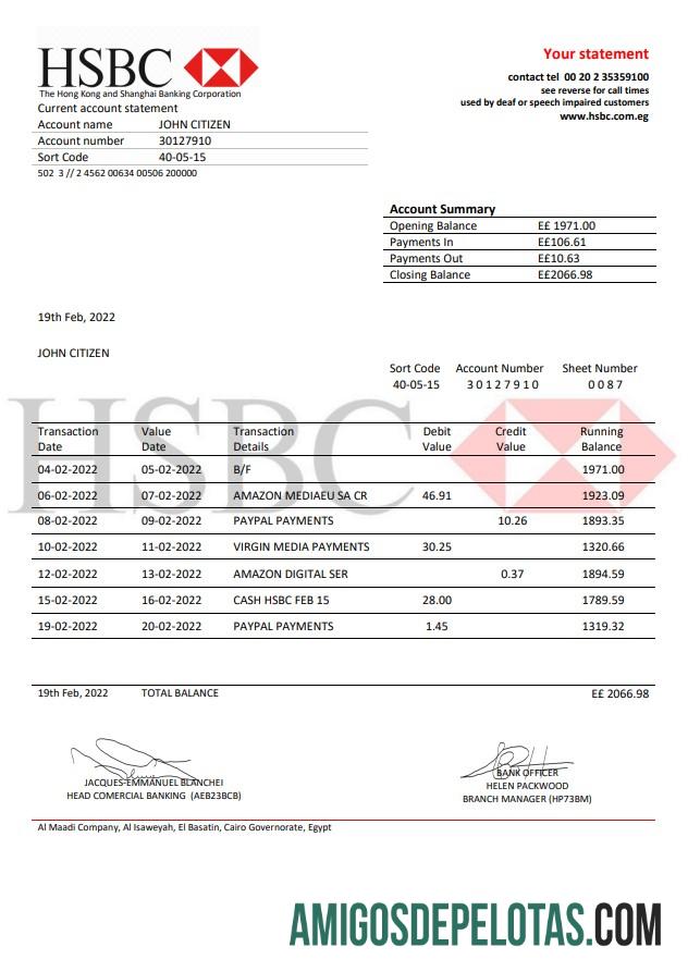 Modelo de comprovante de endereço do banco HSBC do Egito